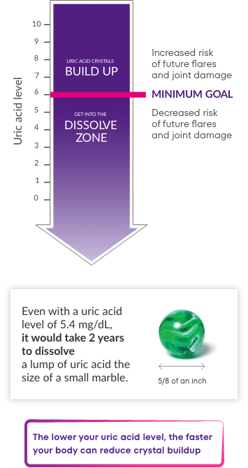 Graphic showing that a uric acid level of  6.0 mg/dL is the minimum goal for dissolving uric acid build up; rendering of green marble representing gout crystals